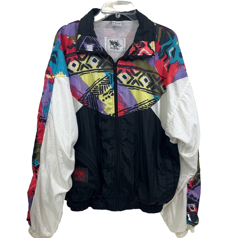 Vintage Vittorio Men's Windbreaker Jacket Size M Colorblock Zip 80s 90s